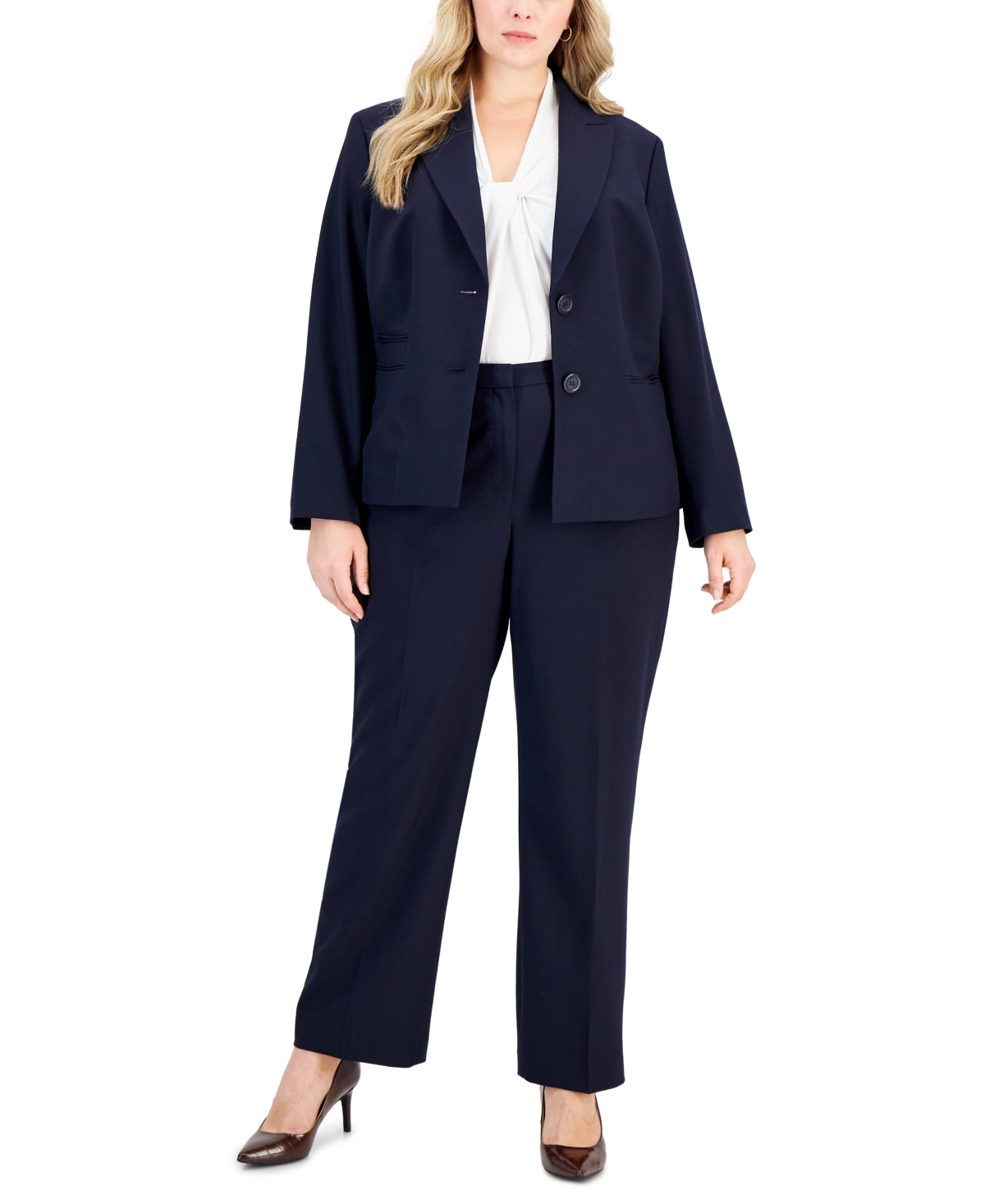 Le Suit Plus Size Peak-lapel Button-front Pantsuit In Navy