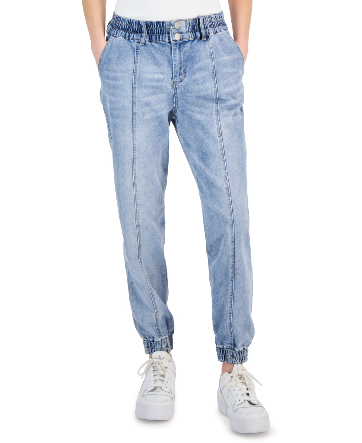 Dollhouse Juniors' Elasticated-hem Seamed Jeans In Light Wash