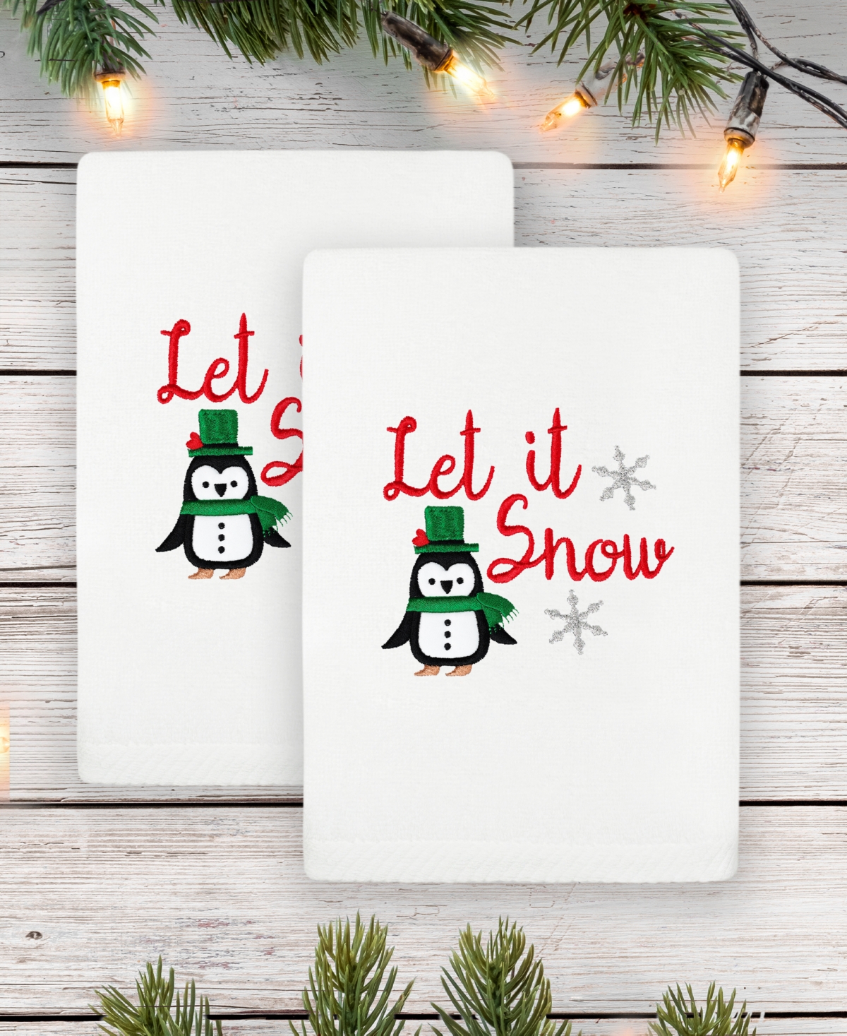 Linum Home Christmas Let It Snow Embroidered Luxury 100% Turkish Cotton Towels, 2 Piece