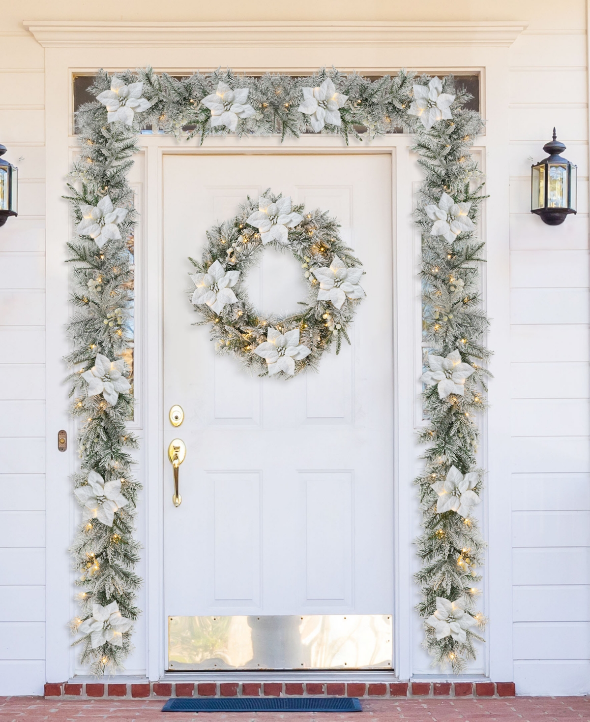 Glitzhome D Pre-Lit Snow Flocked Greenery Pine Poinsettia Christmas Wreath, Set of 3