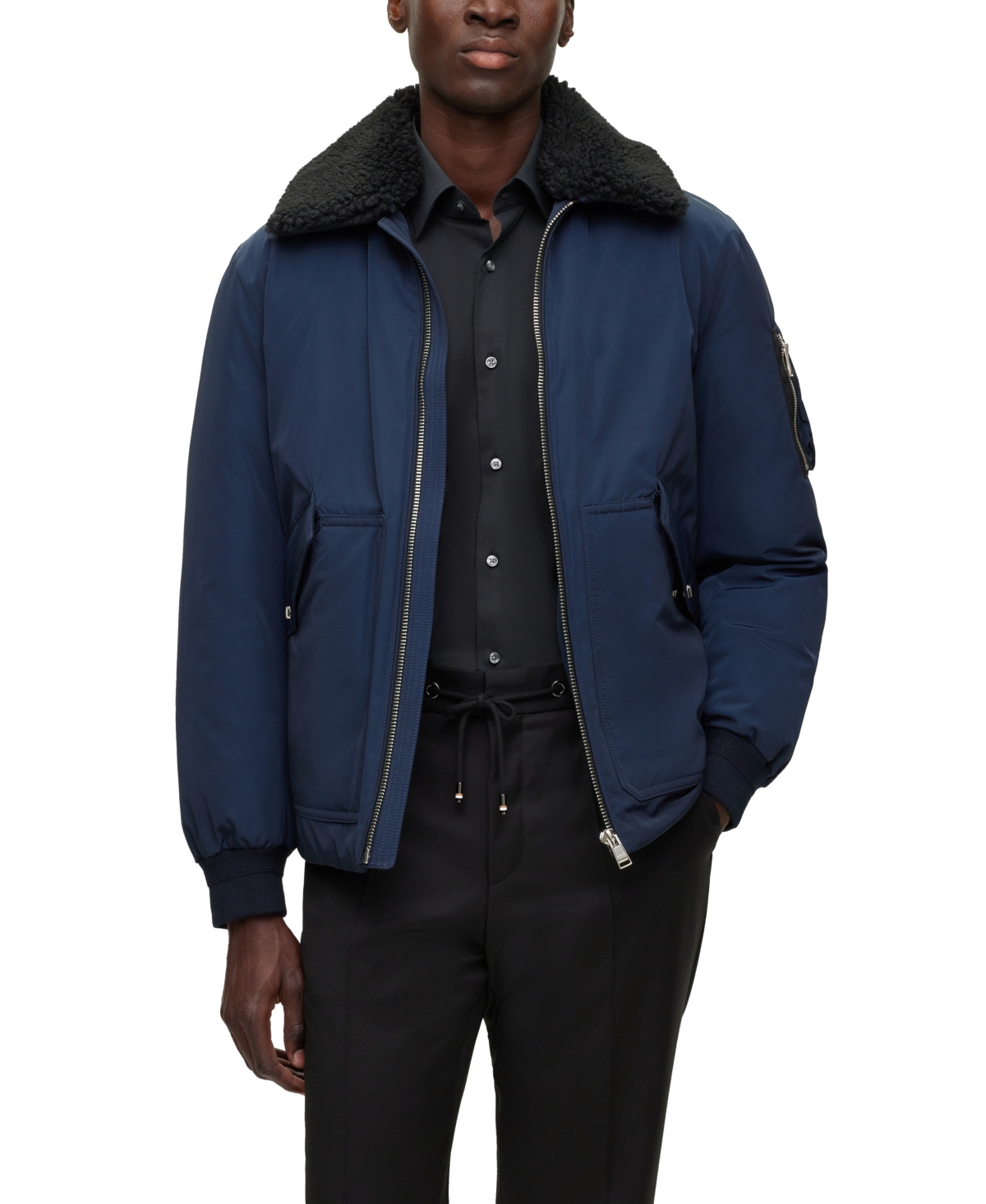 Shop Hugo Boss Boss By  Men's Faux-fur Collar Water-repellent Jacket In Dark Blue