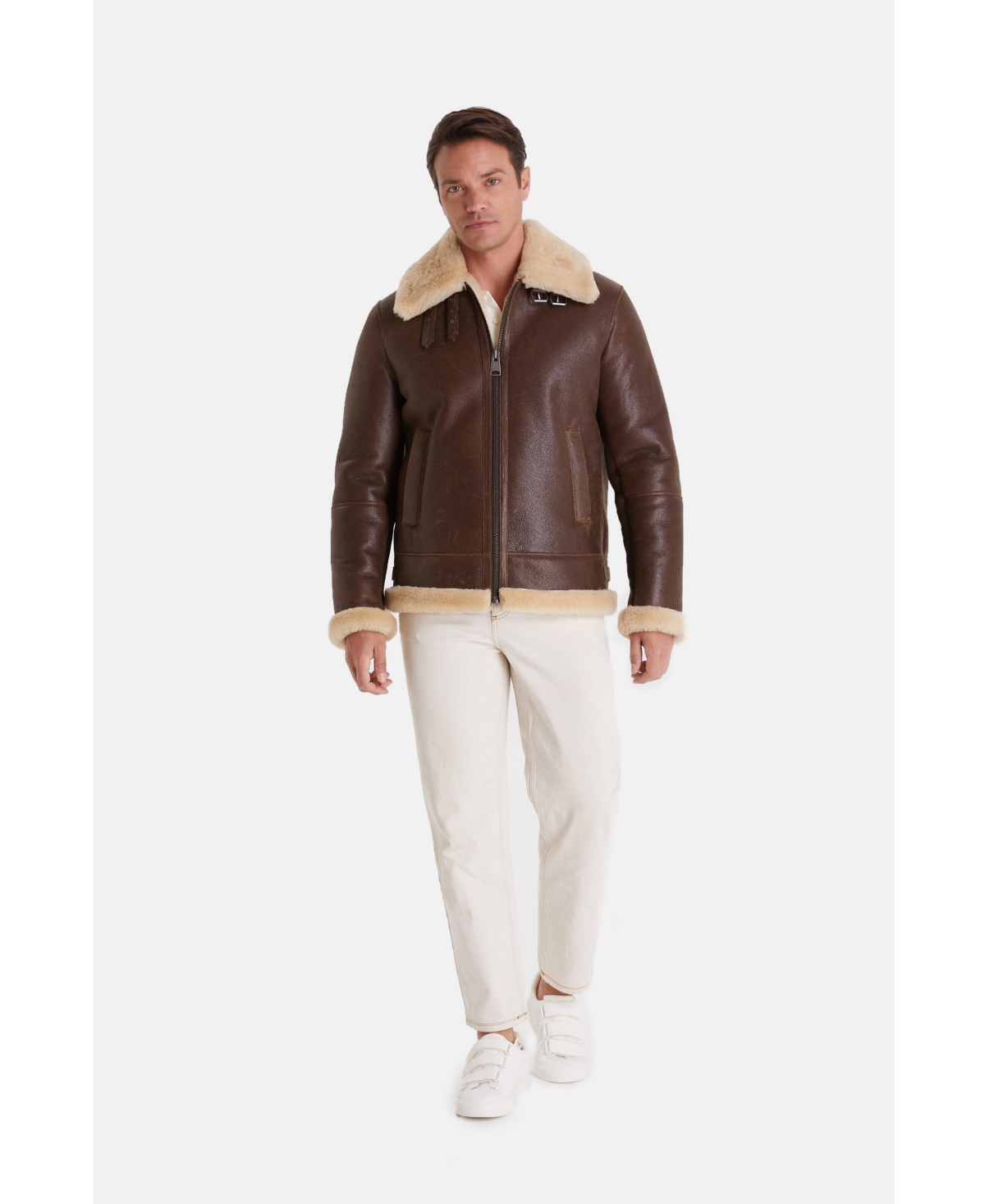Furniq Uk Men's Shearling Aviator Jacket ,Vintage - likeWith Champagne Wool - Camel