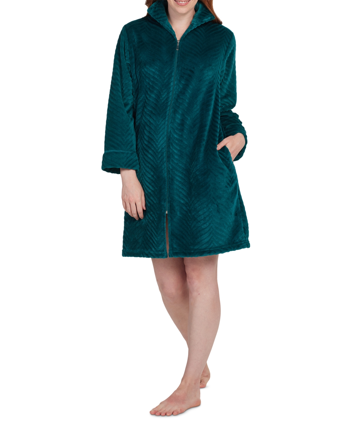 Women's Solid Long-Sleeve Short Zip Fleece Robe - Emerald