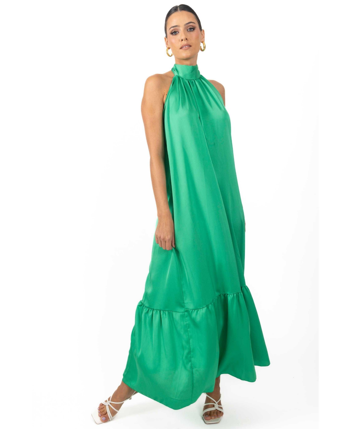 Akalia Nalory Satin Silk Women's Backless Maxi Dress In Green