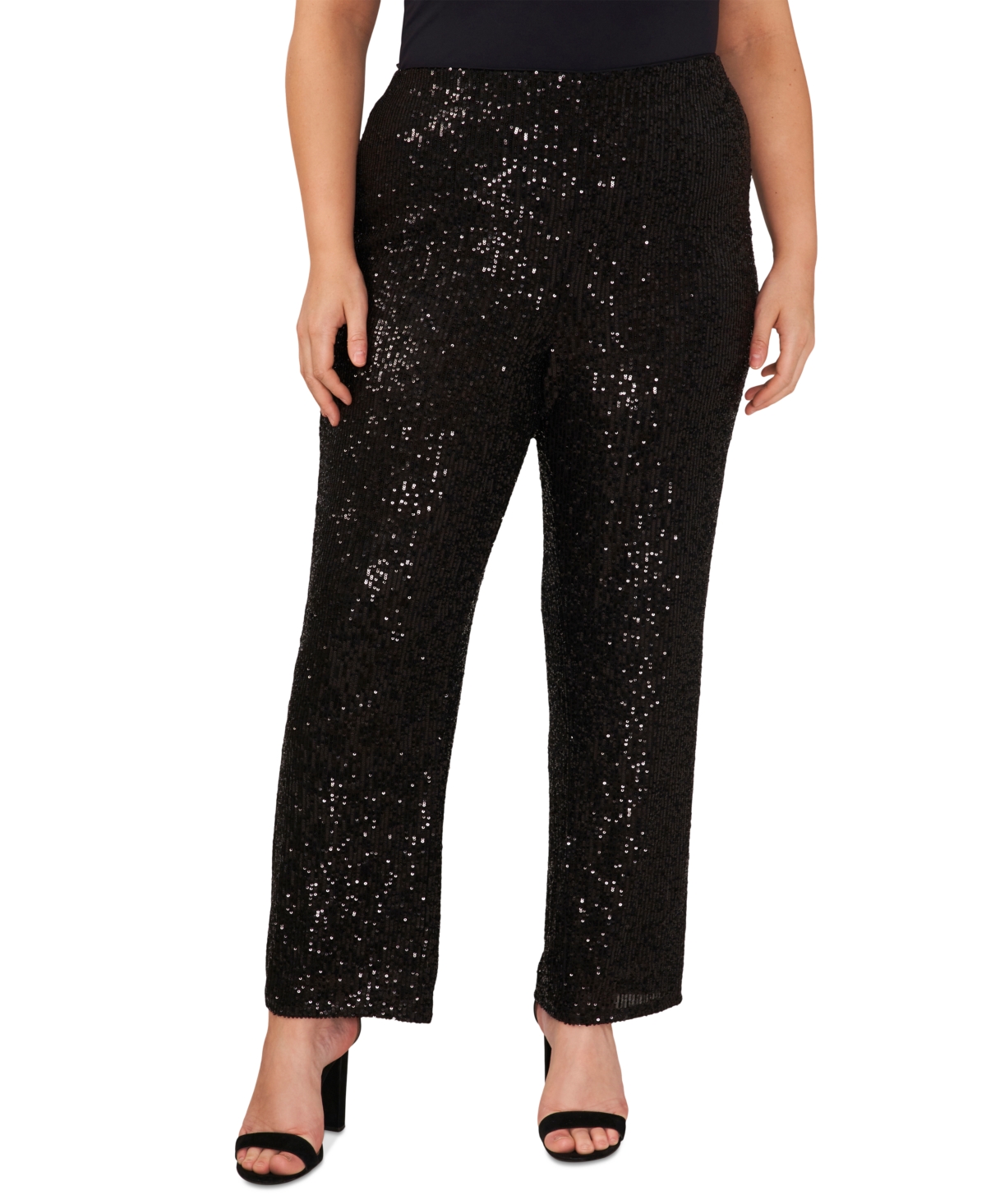 Vince Camuto Plus Size Sequined Pull-on Flare Pants In Rich Black