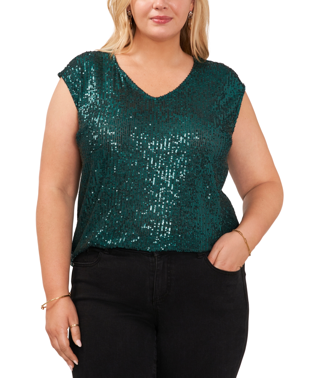 Vince Camuto Plus Size Sequined V-neck Short-sleeve Top In Dark Green