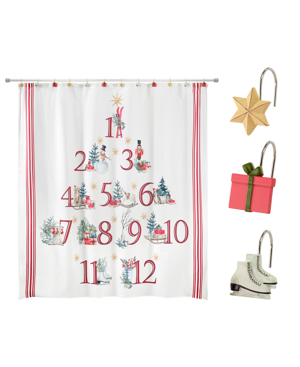 Avanti Holiday Countdown Shower Curtain and Shower Hooks, 13 Piece Set - Multicolor