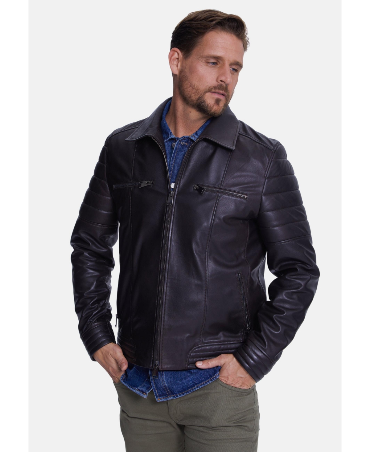 Men's Leather Jacket, Dark Brown - Dark brown