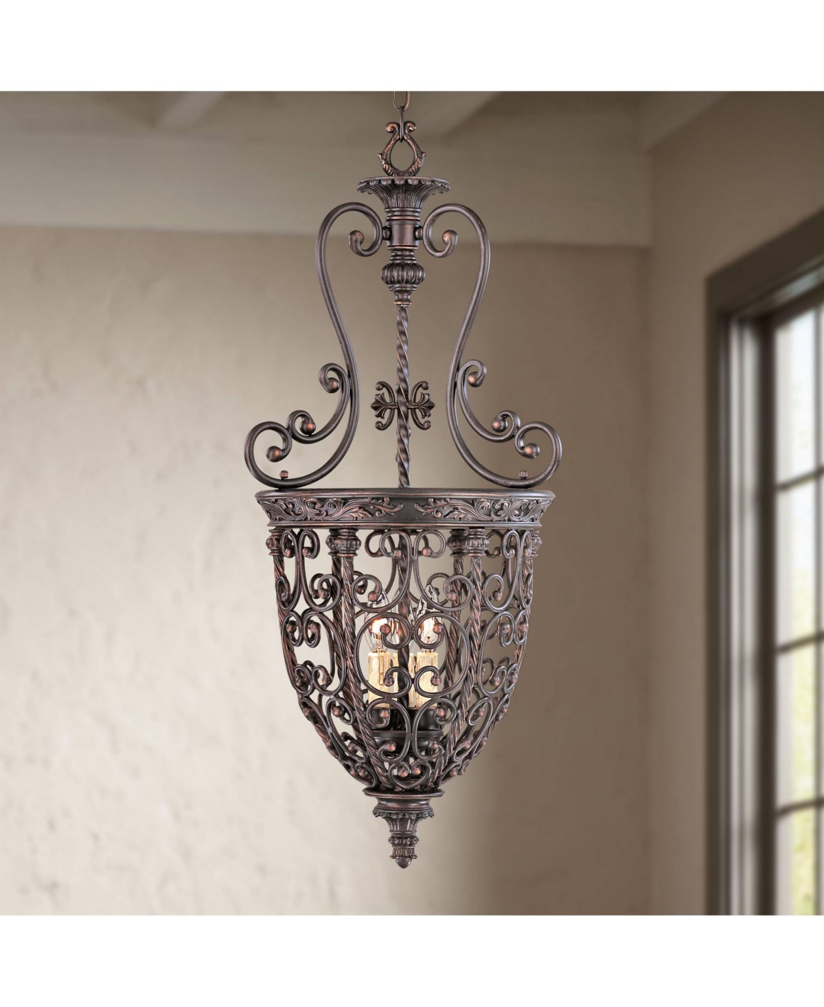 Franklin Iron Works French Scroll Rubbed Bronze Pendant Chandelier Lighting 15 1/4" Wide Farmhouse Rustic 3-light Fixtur In Brown