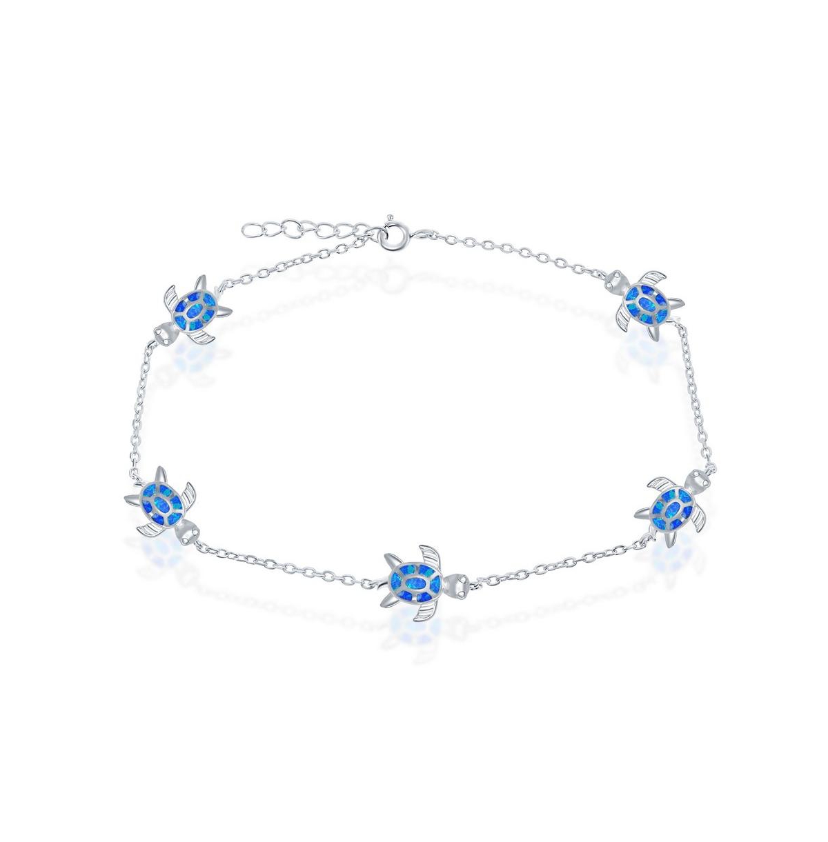 Sterling Silver Opal Turtle Anklet - Blue Inlay - Blue