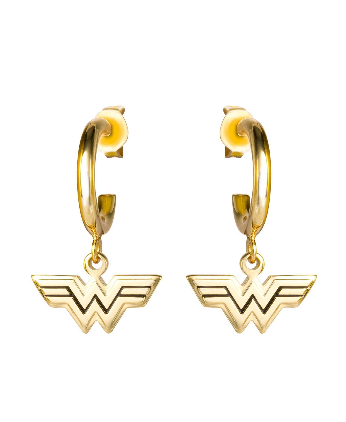 Wonder Woman Logo Gold Plated Charm Hoop Dangle Earrings - Gold tone