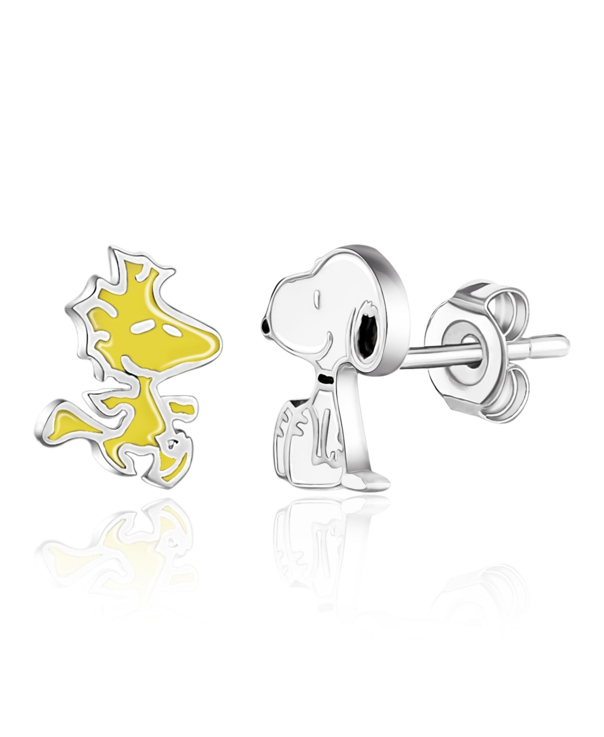 Silver Plated Snoopy and Woodstock Mismatch Stud Earrings - Silver, white, yellow