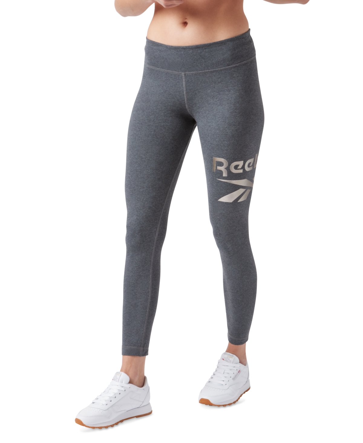Reebok Women's Shine Full-length Logo Leggings, Created For Macy's In Dark Grey Heather