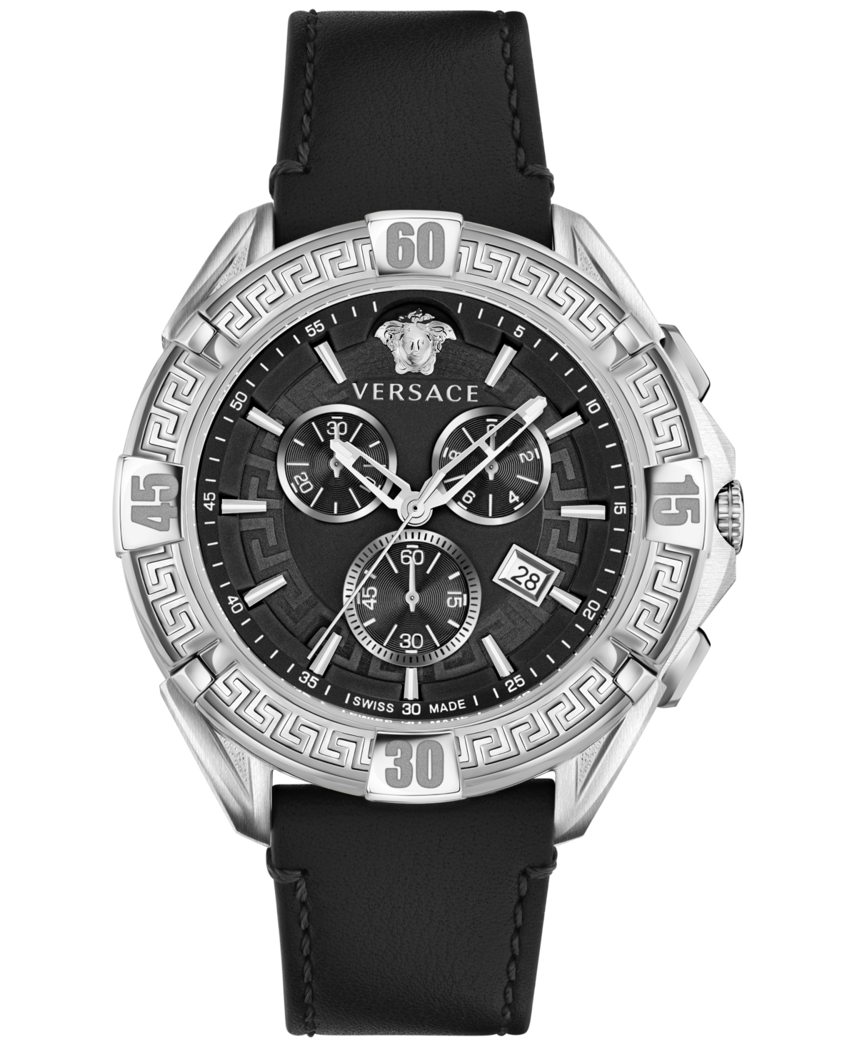 Shop Versace Men's Swiss Chronograph V-greca Black Leather Strap Watch 46mm In Stainless Steel