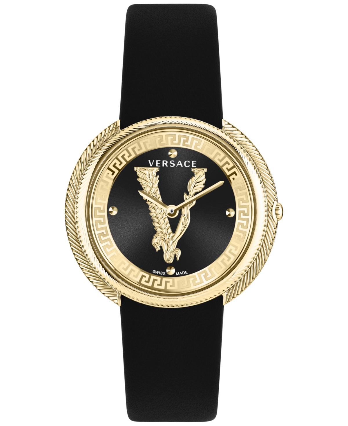 Versace Women's Swiss Thea Black Leather Strap Watch 38mm In Ip Yellow Gold