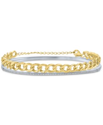 Macy's - 2-Pc. Set Diamond Bangle Bracelet (1/5 ct. t.w.) & Curb Link Chain Bracelet in Sterling Silver & 14k Gold-Plate