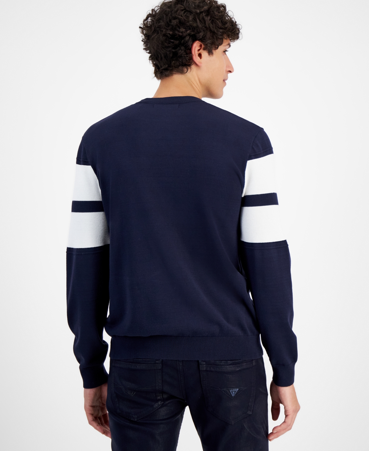 Shop Guess Men's Logo Stripe Sweater In Smart Blue