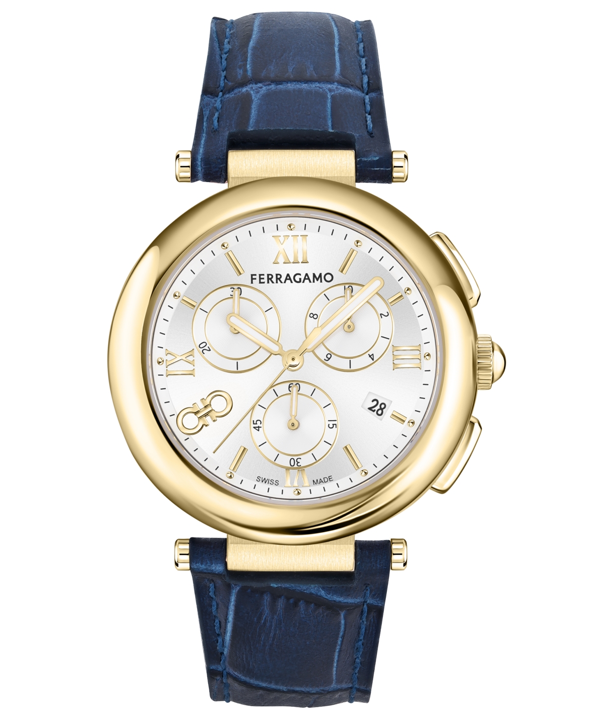 Ferragamo Salvatore  Women's Swiss Chronograph Legacy Blue Leather Strap Watch 40mm In Ip Yellow Gold