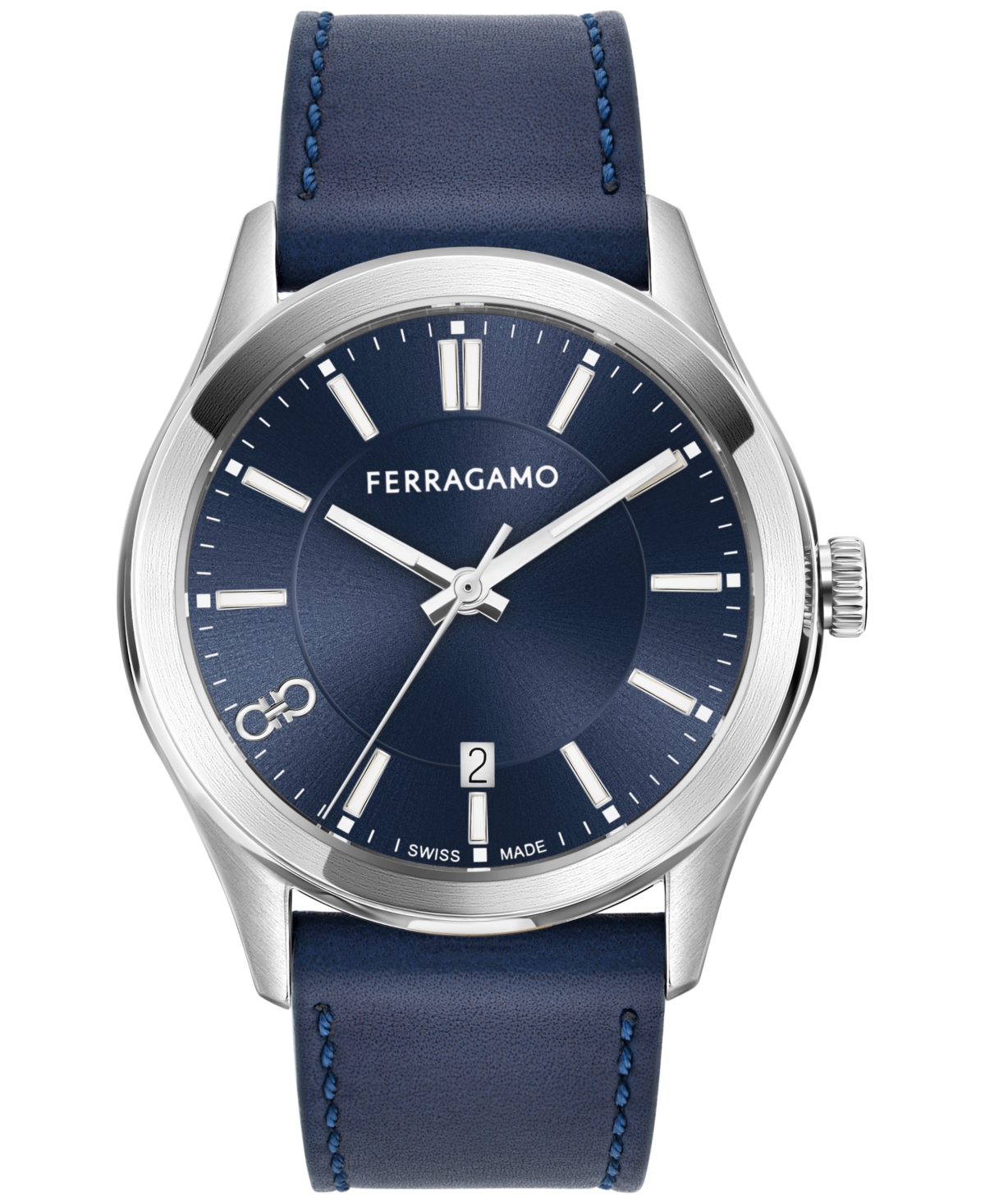 Ferragamo Salvatore  Men's Swiss Classic Blue Leather Strap Watch 42mm In Stainless Steel