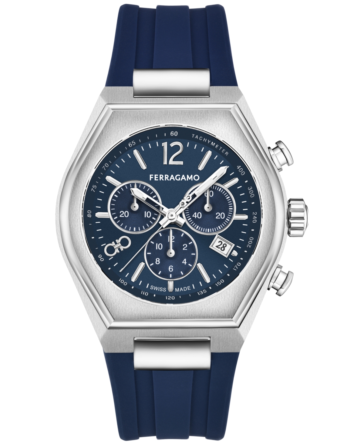 Ferragamo Salvatore  Men's Swiss Chronograph Tonneau Blue Silicone Strap Watch 42mm