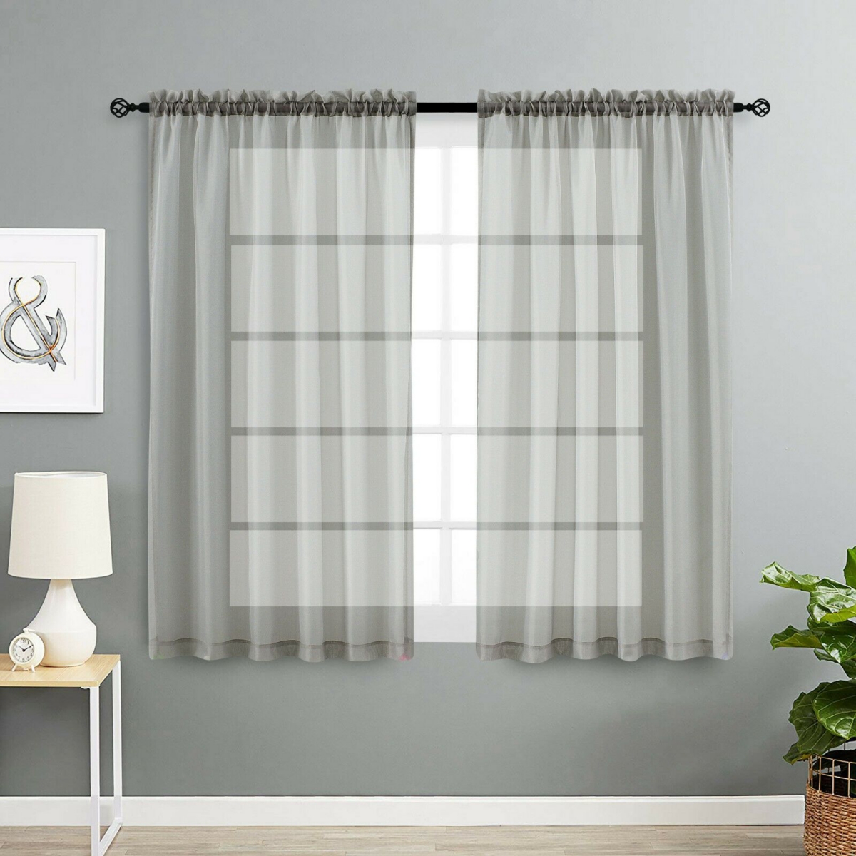 2 Pack Basic Home Rod Pocket Sheer Voile Window Curtains - Black