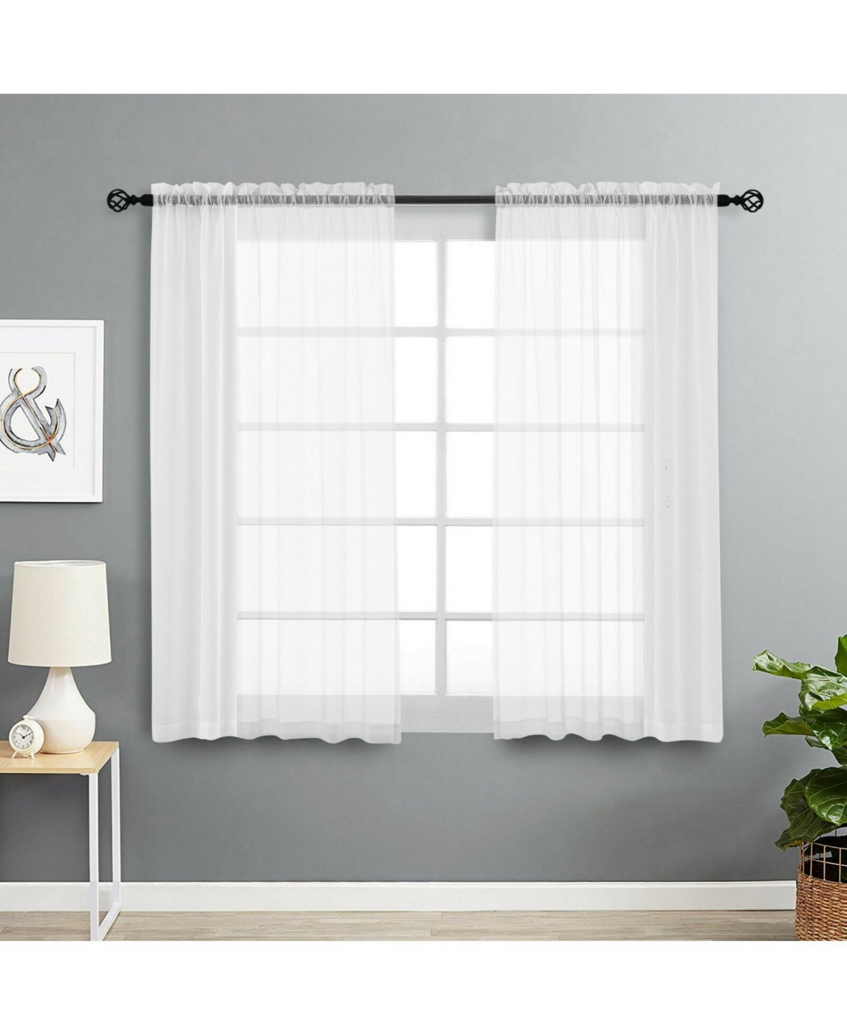 2 Pack Basic Home Rod Pocket Sheer Voile Window Curtains - Black