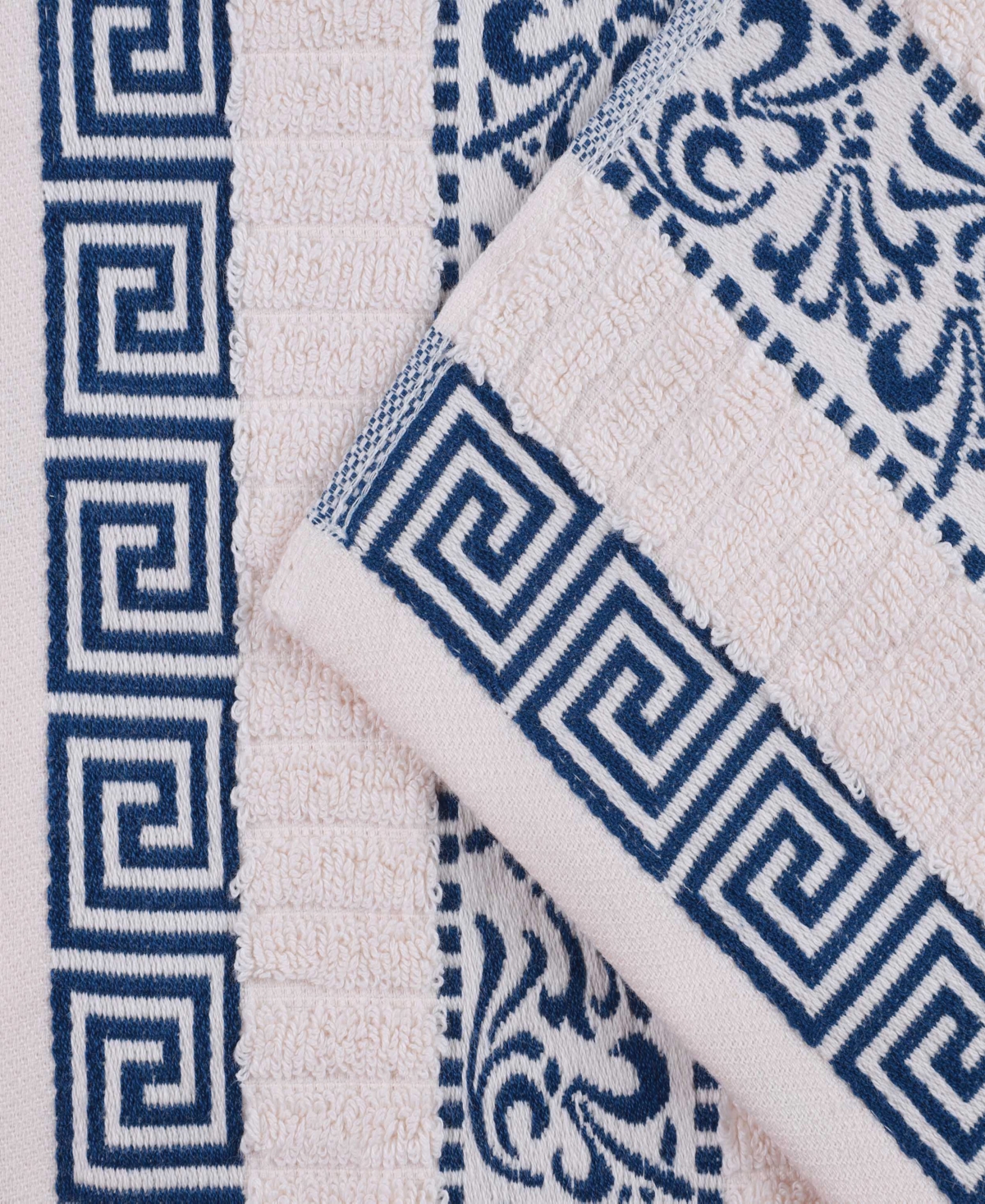 Superior Athens Cotton with Greek Scroll and Floral Pattern, 4 Piece - Ivory-Navy