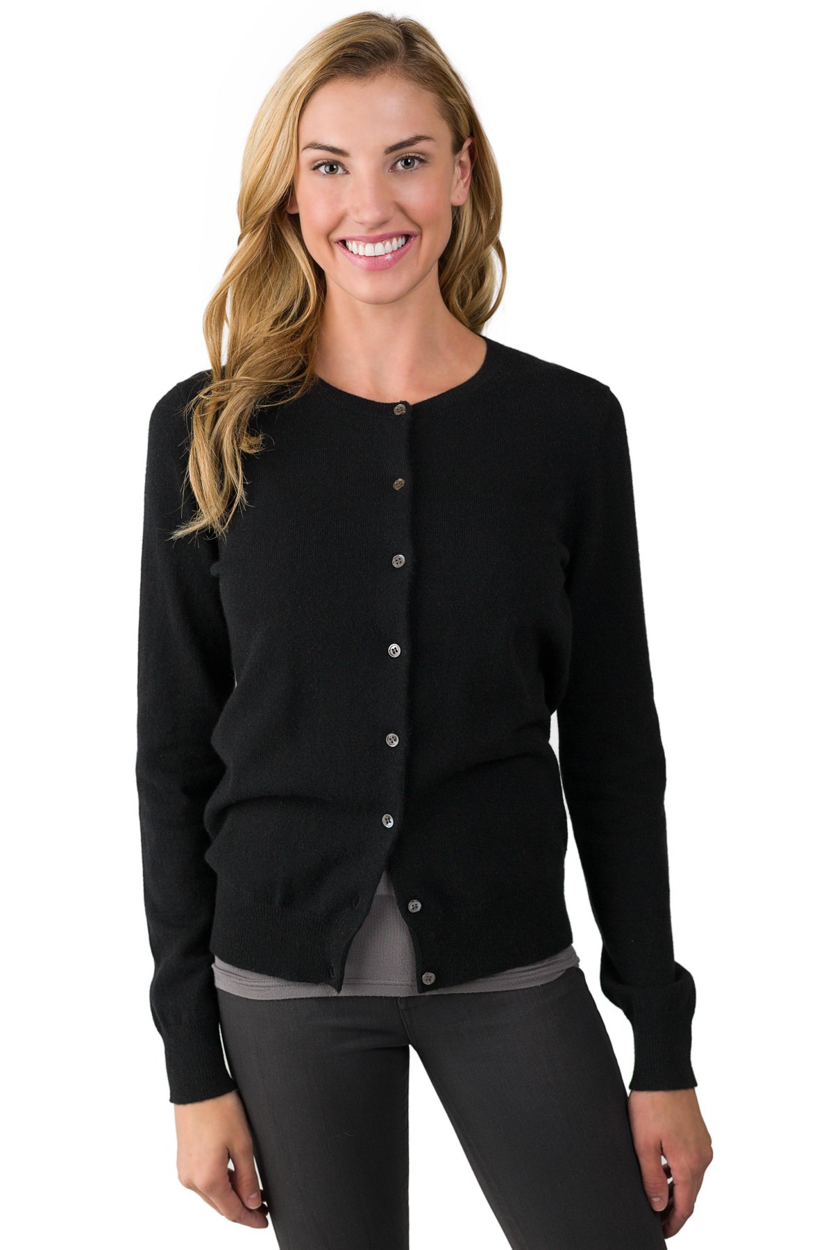 Женские JENNIE LIU Women's 100% Cashmere Button Front Long Sleeve Crewneck Cardigan Sweater — фото 1