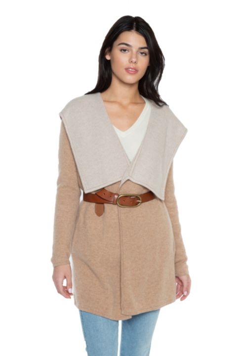 Женский кардиган JENNIE LIU 100% Pure Cashmere Long Sleeve 2-tone Double Face Cascade Open Cardigan, цвет: Верблюжий овсяный