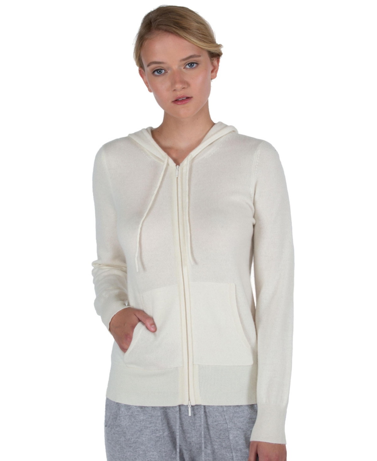 Women's 100% Pure Cashmere Long Sleeve Zip Hoodie Cardigan Sweater - Grey