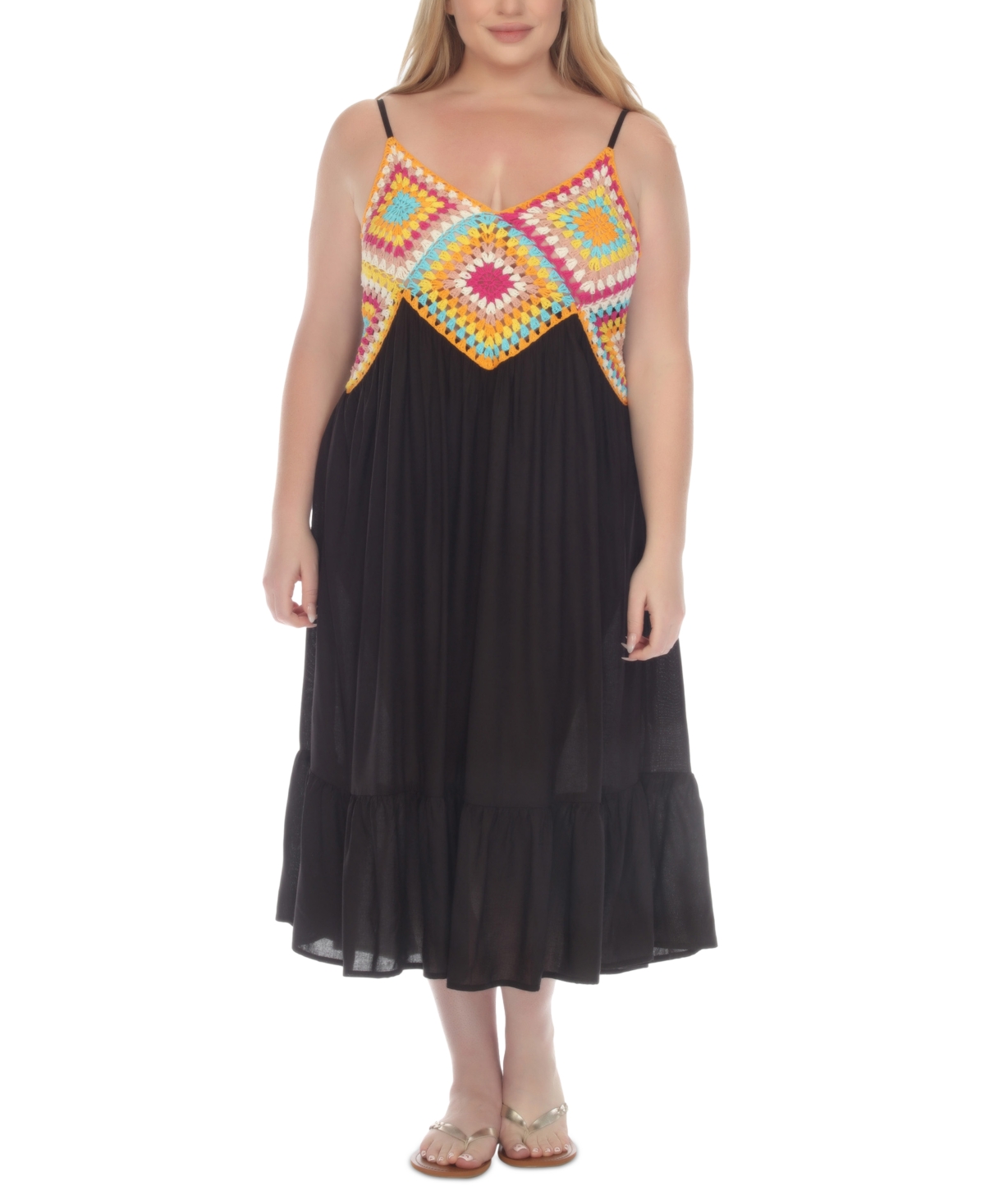 Plus Size Crochet Flounce-Hem Midi Dress - Black