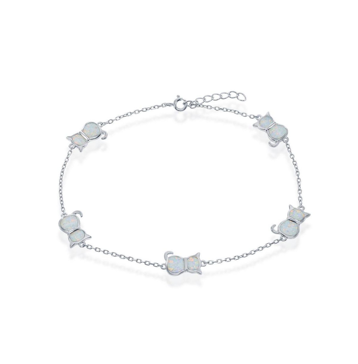 Sterling Silver Opal Cat Anklet - White Opal - White
