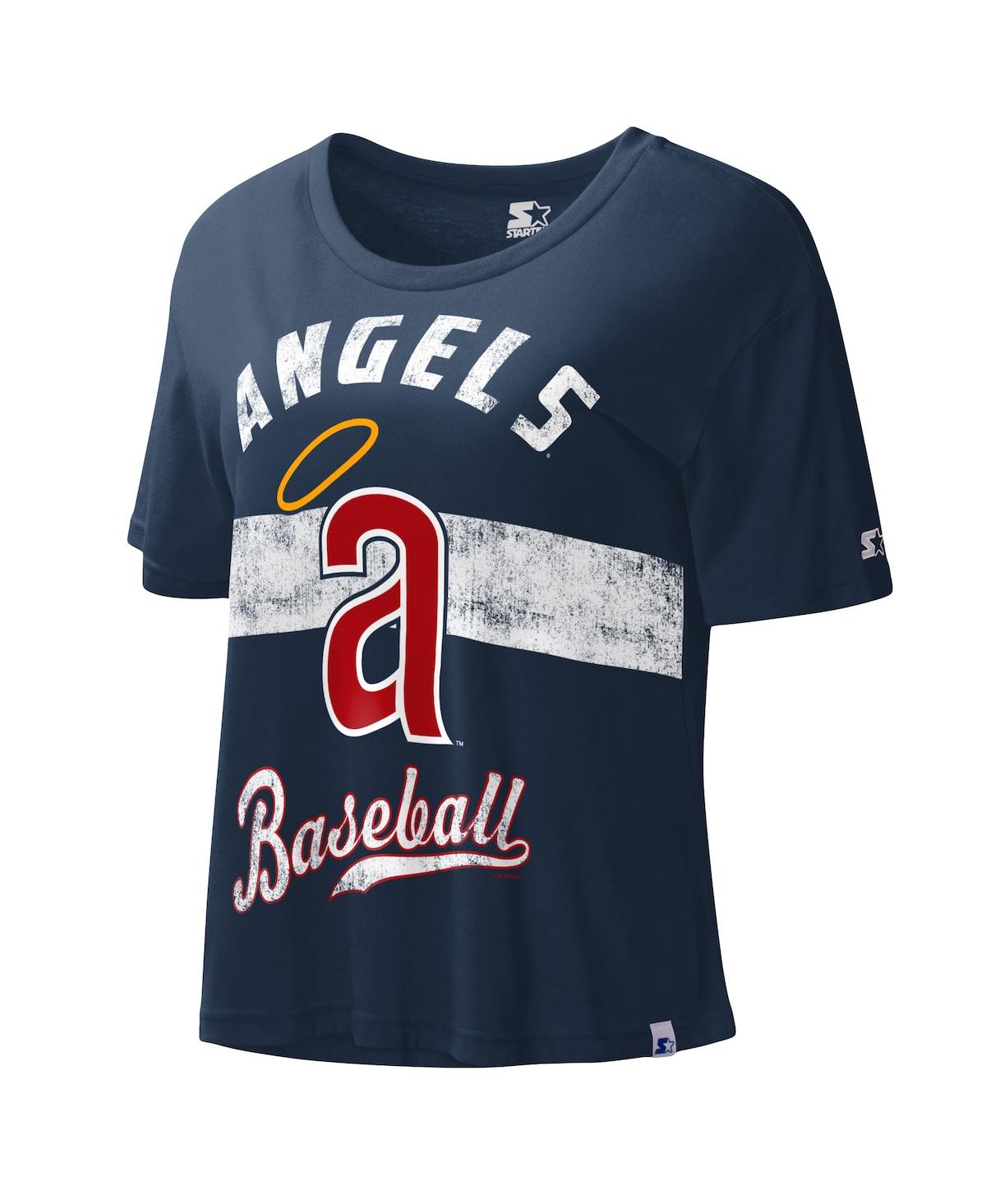 Shop Starter Women's  Navy Distressed Los Angeles Angels Cooperstown Collection Record Setter Crop Top