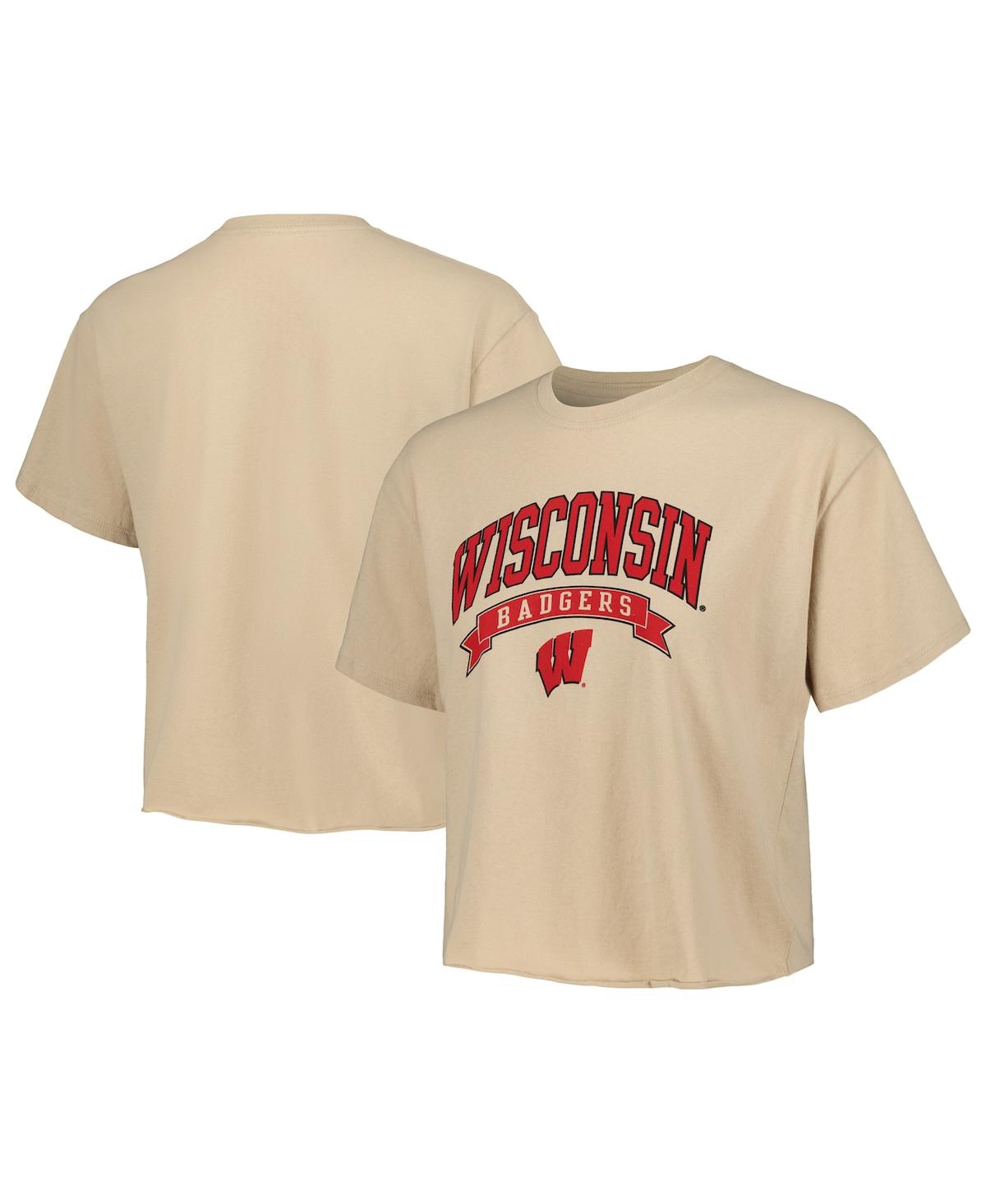 League Collegiate Wear Women's  Tan Wisconsin Badgers Banner Clothesline Cropped T-shirt