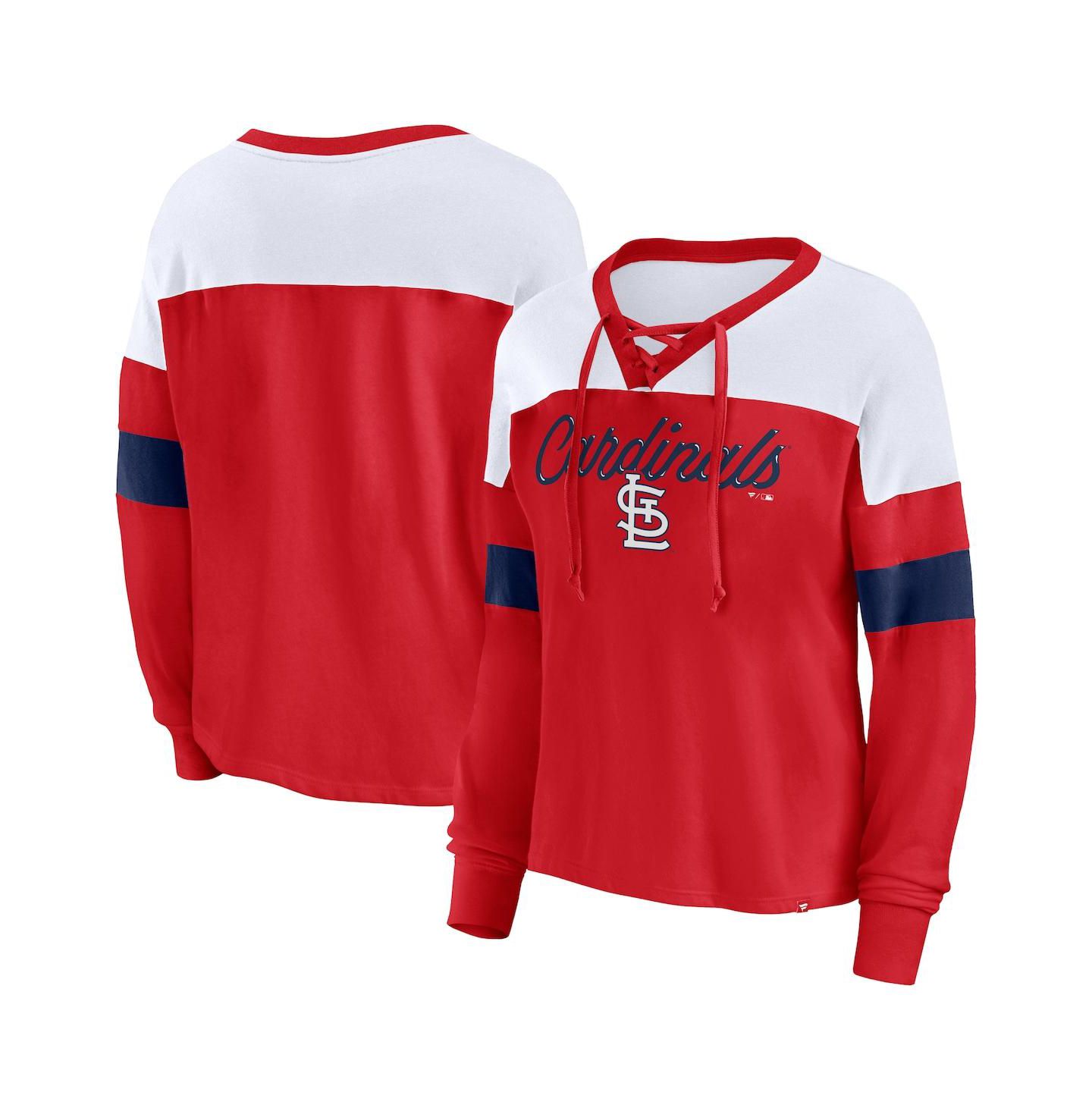Женская футболка Fanatics Red, White St. Louis Cardinals Even Match Lace-Up Long Sleeve V-Neck — фото 1