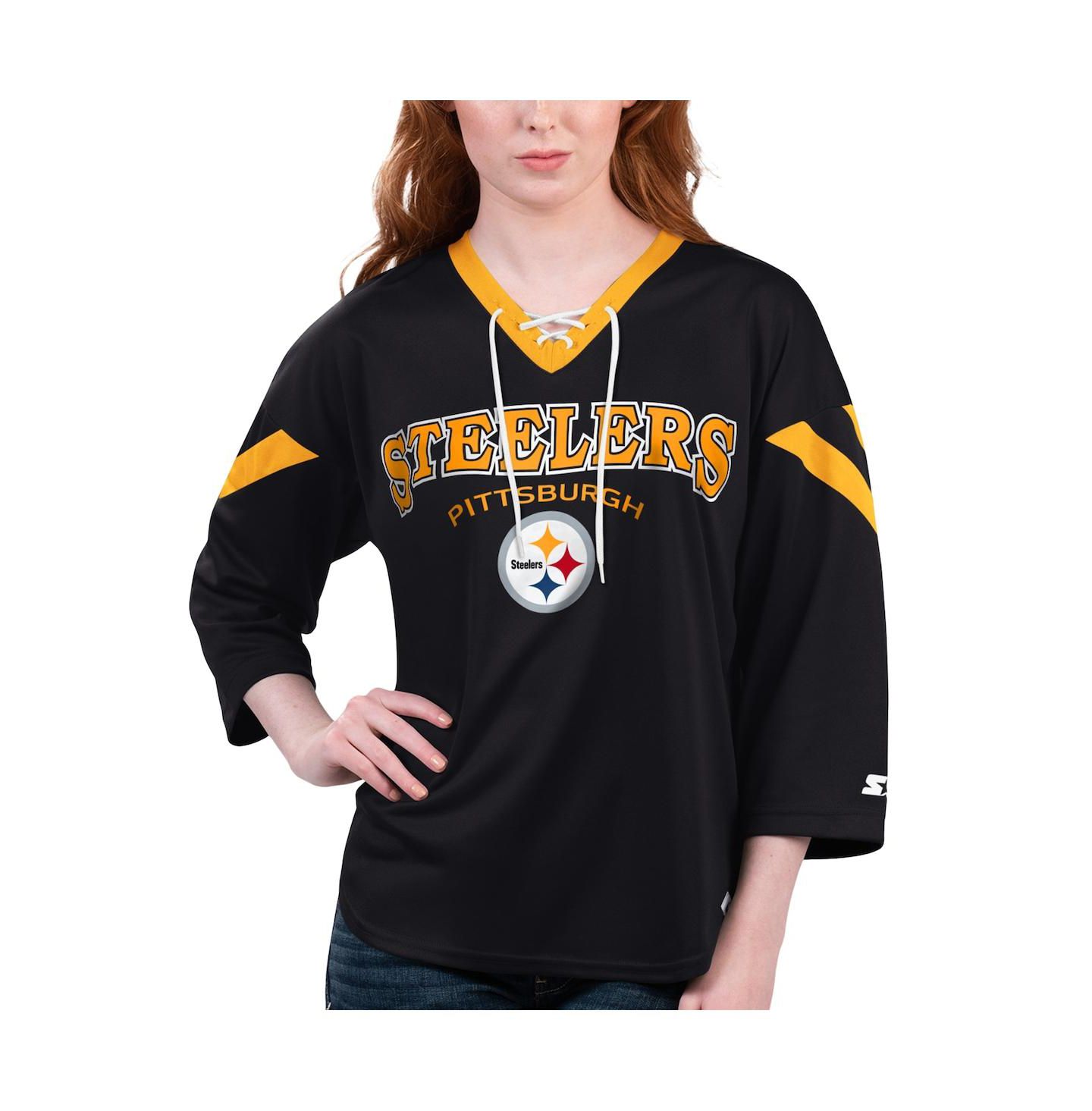 Женская футболка Starter Black Pittsburgh Steelers Rally Lace-Up 3/4 Sleeve — фото 1