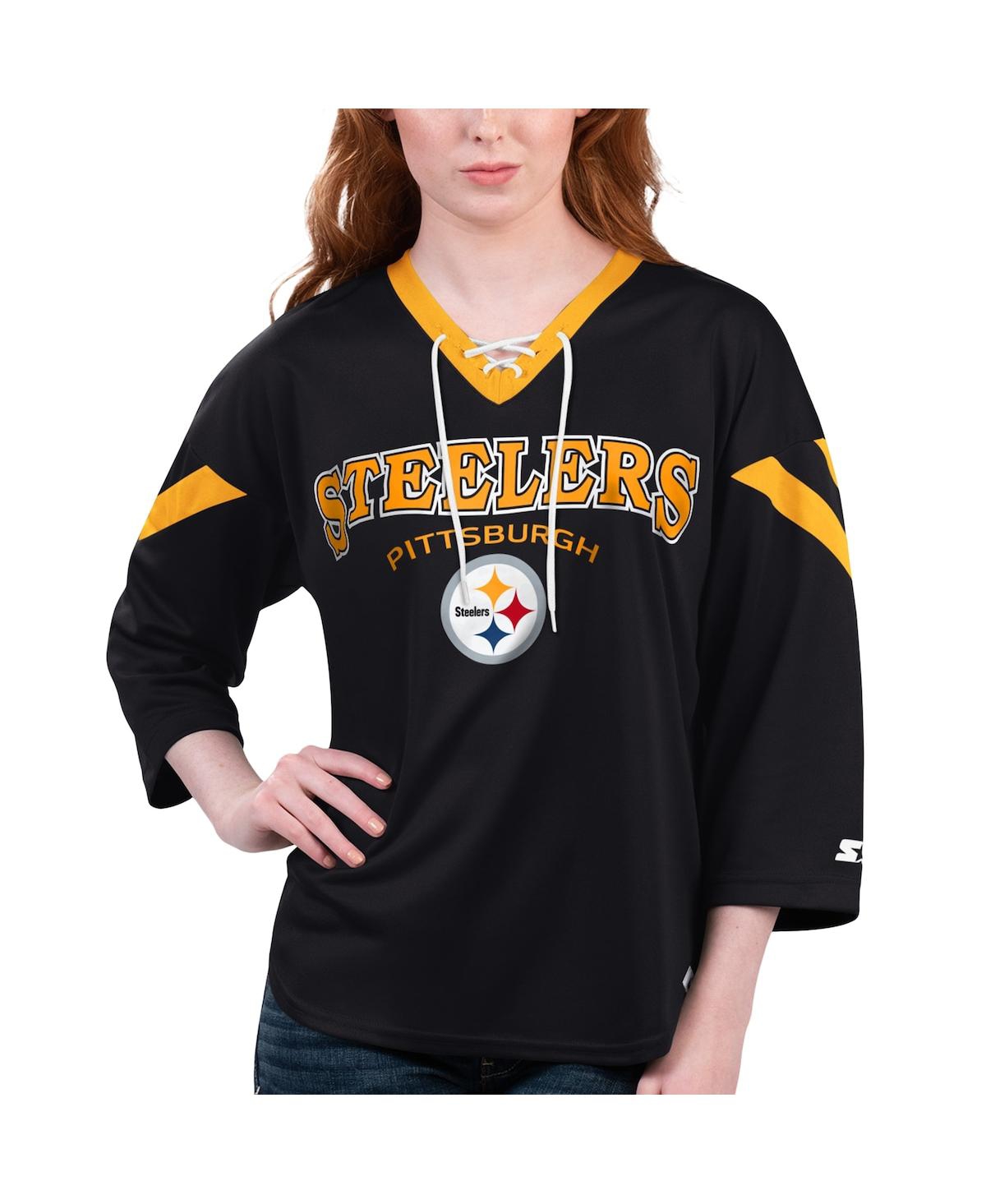 Shop Starter Women's  Black Pittsburgh Steelers Rally Lace-up 3/4 Sleeve T-shirt