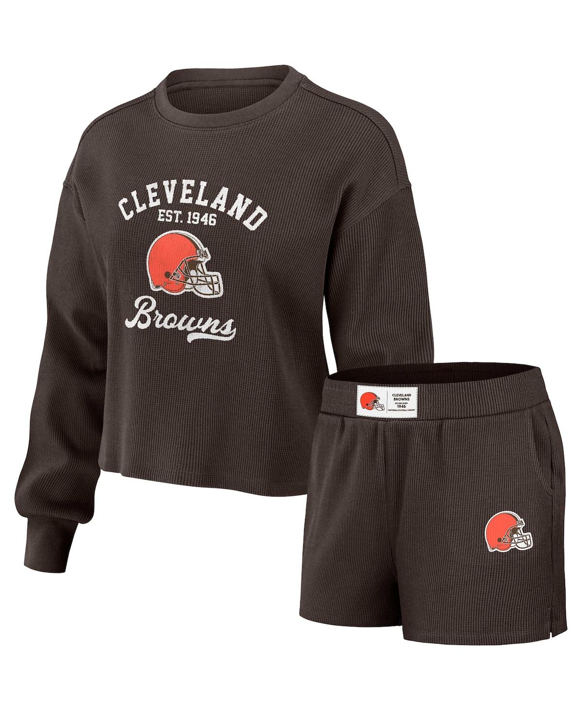 Women's Wear by Erin Andrews Brown Distressed Cleveland Browns Waffle Knit Long Sleeve T-shirt and Shorts Lounge Set - Brown