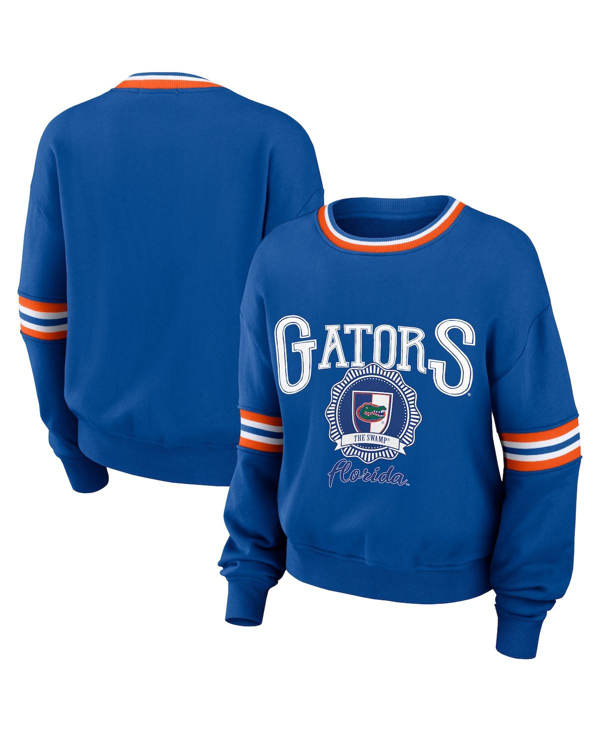 WEAR BY ERIN ANDREWS WOMEN'S WEAR BY ERIN ANDREWS ROYAL DISTRESSED FLORIDA GATORS VINTAGE-LIKE PULLOVER SWEATSHIRT 