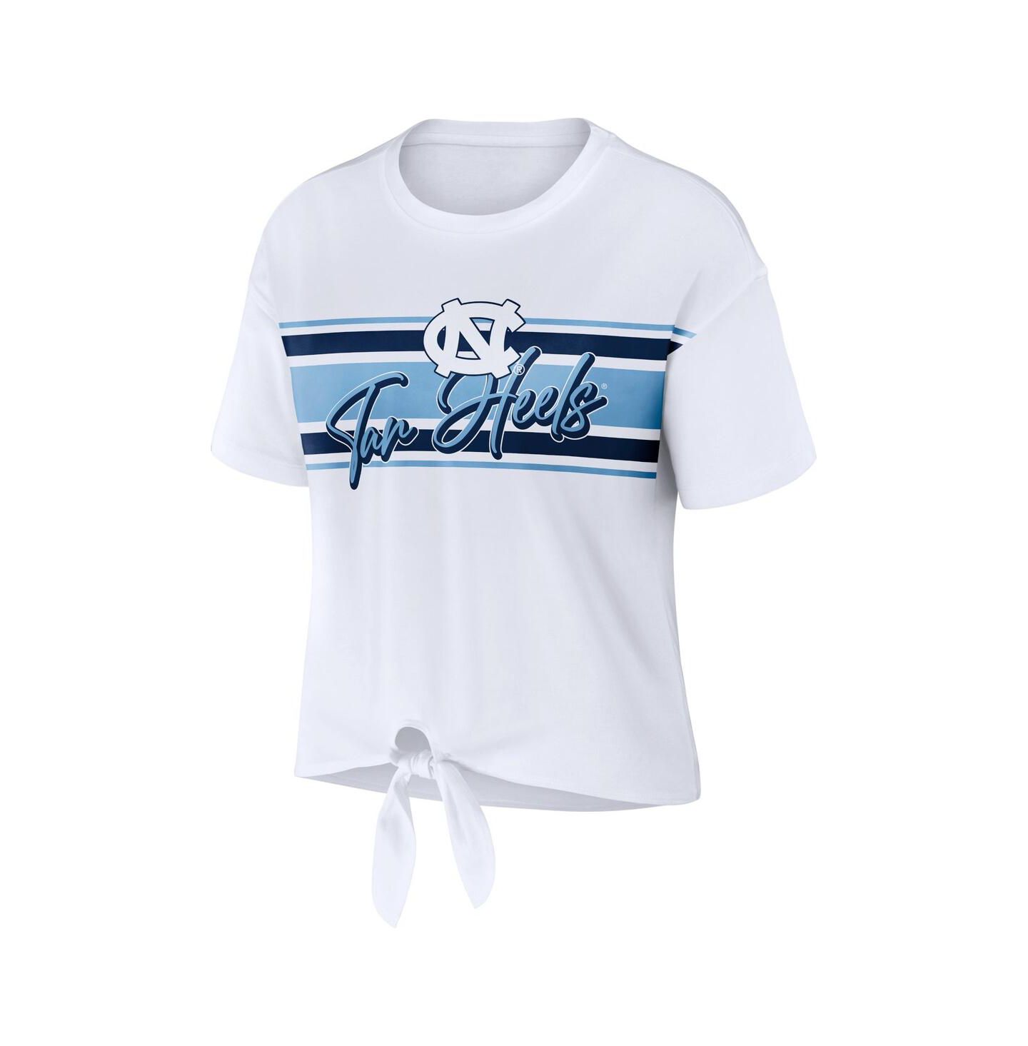 Женские футболки WEAR by Erin Andrews White North Carolina Tar Heels Striped Front Knot Cropped — фото 2