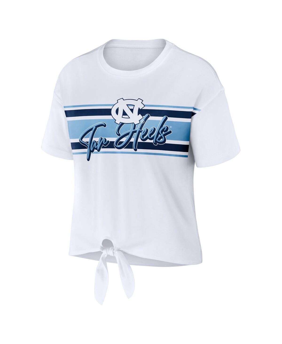 Shop Wear By Erin Andrews Women's  White North Carolina Tar Heels Striped Front Knot Cropped T-shirt