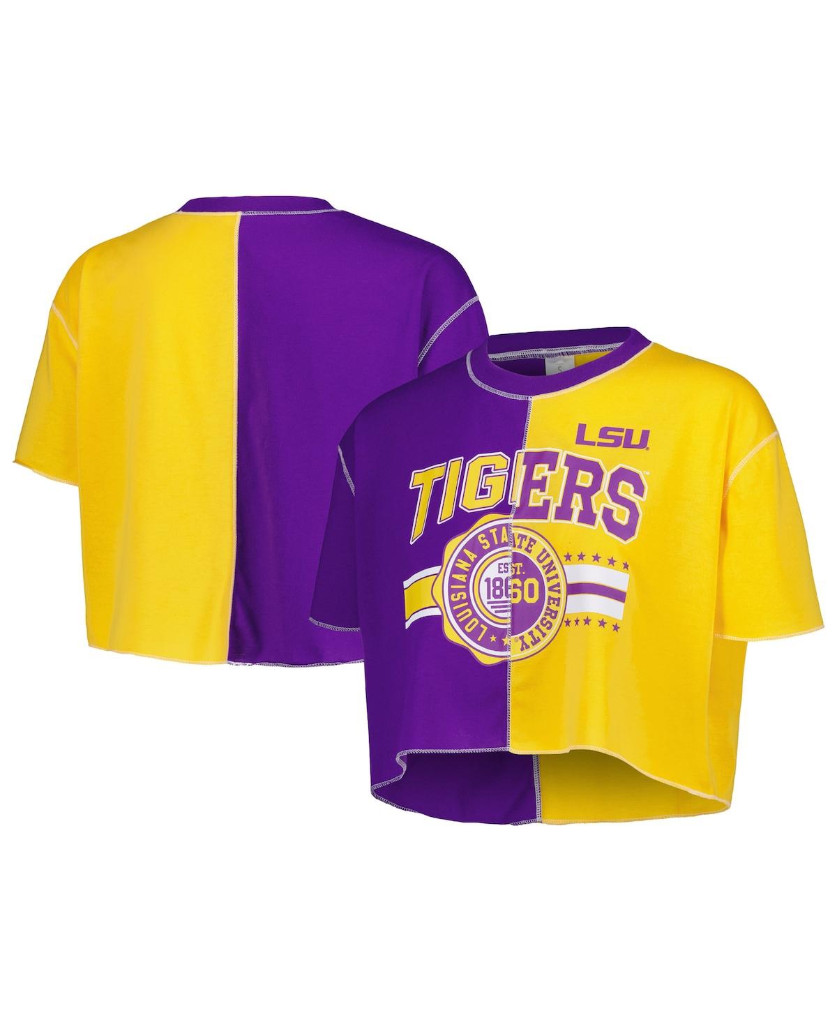 Shop Zoozatz Women's  Purple, Gold Lsu Tigers Colorblock Cropped T-shirt In Purple,gold