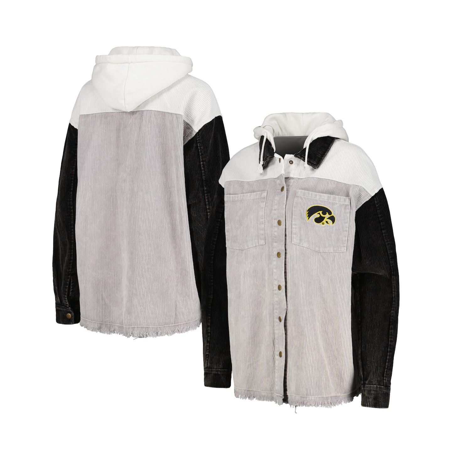 Женские куртки Gameday Couture Gray Distressed Iowa Hawkeyes Vintage-Like Wash Corduroy Full-Snap Hooded Shacket — фото 1