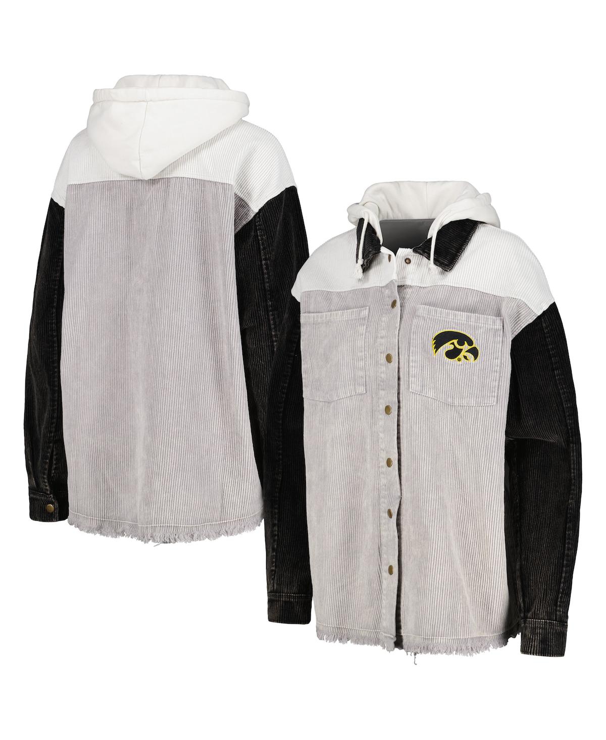 GAMEDAY COUTURE WOMEN'S GAMEDAY COUTURE GRAY DISTRESSED IOWA HAWKEYES VINTAGE-LIKE WASH CORDUROY FULL-SNAP HOODED SH 
