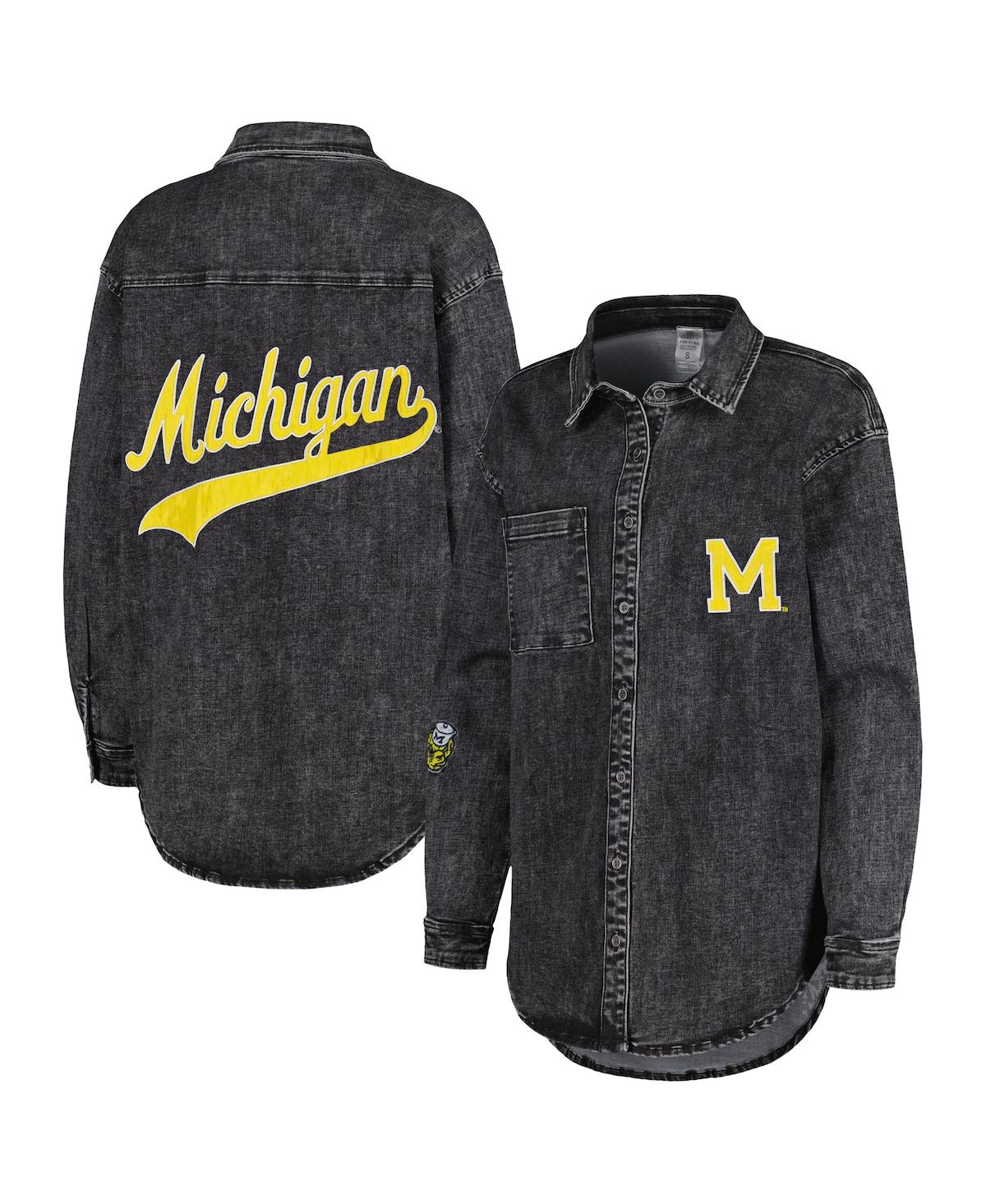 Women's Gameday Couture Charcoal Michigan Wolverines Multi-Hit Tri-Blend Oversized Button-Up Denim Jacket - Charcoal