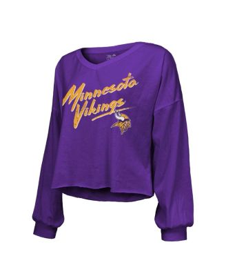 Women's Threads Justin Jefferson Purple Distressed Minnesota Vikings Name and Number Off-Shoulder Script Cropped Long Sleeve V-Neck T-shirt