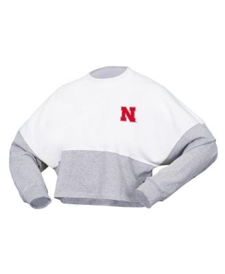 Women's White Nebraska Huskers Heather Block Cropped Long Sleeve Jersey T-shirt