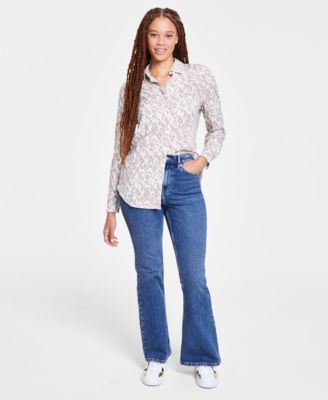 Shop Calvin Klein Jeans Est.1978 Womens Covert Long Sleeve Button Front Shirt High Rise Flare Jeans In Concord