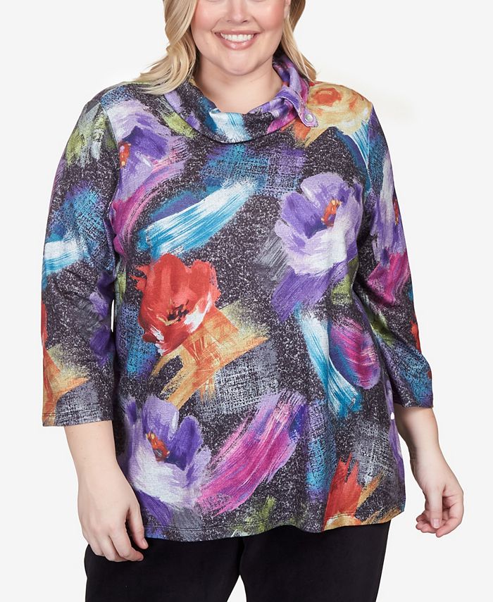 Alfred Dunner Plus Size Drama Queen Brushstroke Floral Cowl Neck Top ...