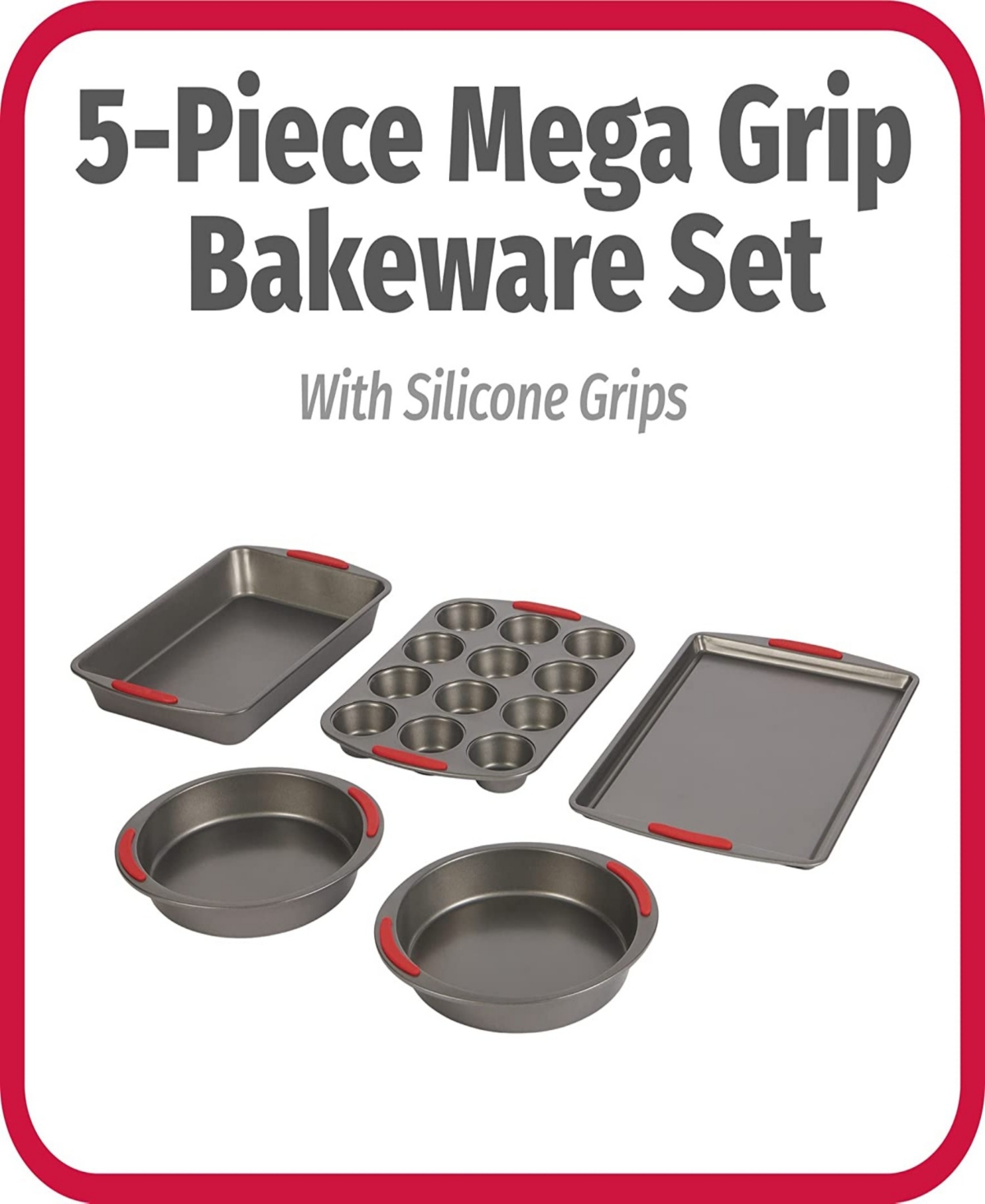 Good Cook Mega Grip 5 Piece Nonstick Steel Bakeware Set With Cookie Sheet, Roast Pan, 2 Cake Pans, A In Gray